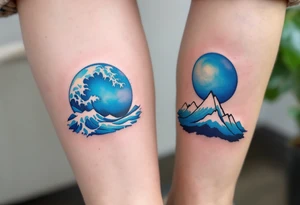 Blue abstract waves for her and bold mountain outlines for him on the calves reflect emotional and physical strength. tattoo idea