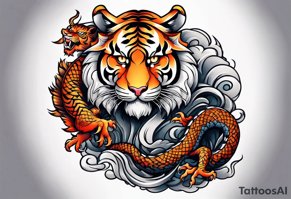 tiger on shoulder and dragon on bicep ying yang contrast tattoo idea