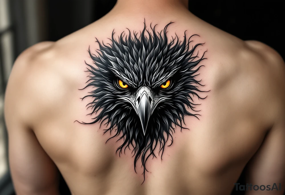 A sharp black hawk with piercing golden eyes, its feathers turning into swirling shadows, representing survival and fearlessness. tattoo idea