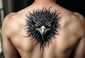 A sharp black hawk with piercing golden eyes, its feathers turning into swirling shadows, representing survival and fearlessness. tattoo idea