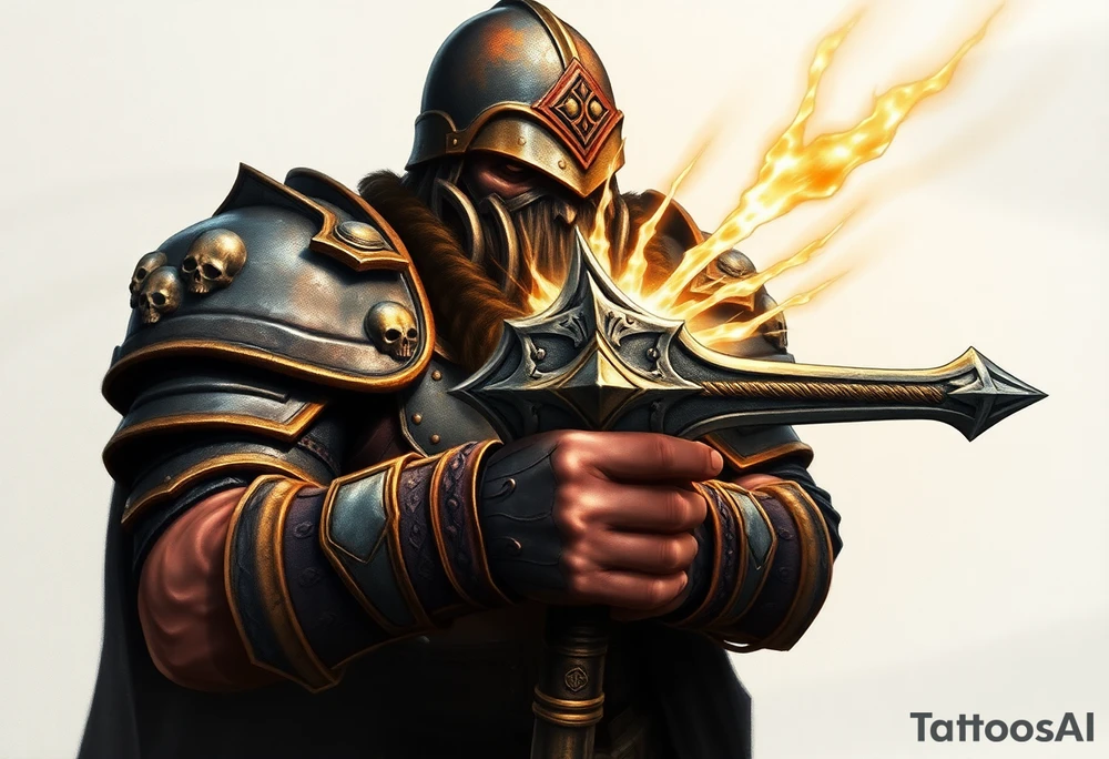 Warhammer, the Old World. A warrior priest of Sigmar holding The Warhammer of Sigmar. The Warhammer of Sigmar is radiating thunderous energy. The Warhammer is held by the warrior priest with both hands upon his chest level. The Warrior priest is wearing dark alloyed heavy armour (reference armor from warhammer vermintide 2 Victor Saltzpyres, the warrior priest of Sigmar class) with skull sigils on his shoulder pads. The warrior priest is wearing a helmet, while the helmets front visor has an humanoid face covering. The helmet and armour are gladened with hints of gold and crimson red. The Warhammer is silverish and golden with a long handle tattoo idea