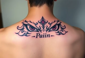 The Nagatto'rinneggan from Naruto just the eyes with a word writed "Pain" in japanese tattoo idea