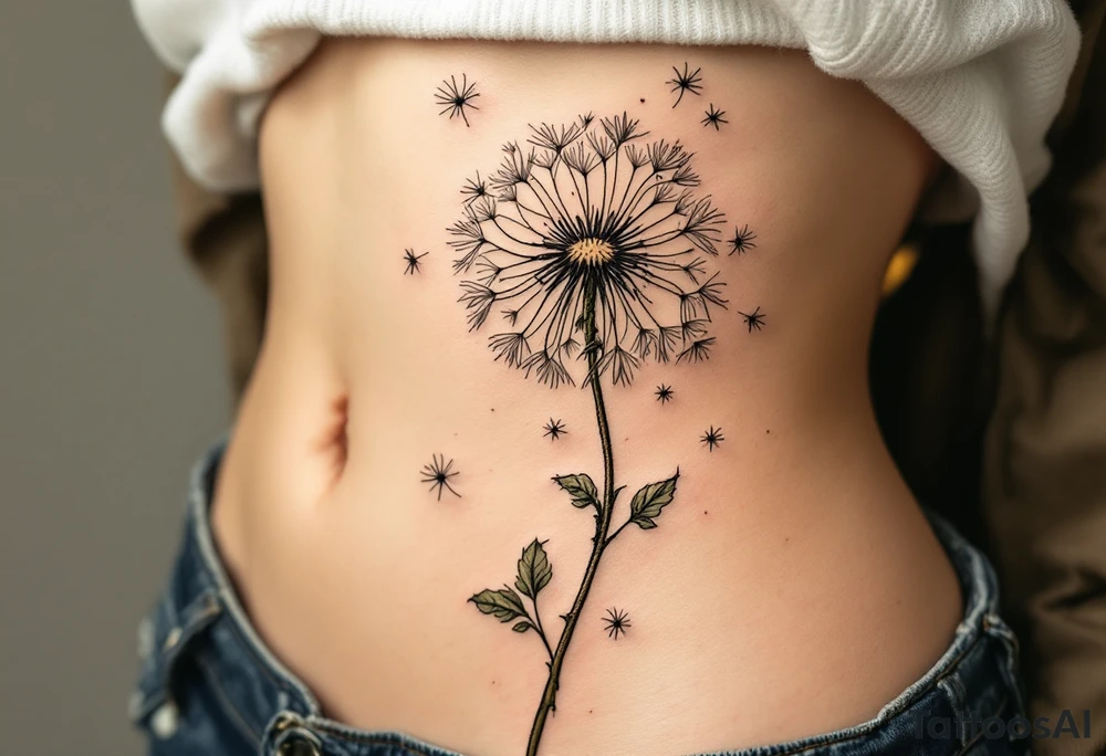 Sketch-style dandelion with muted olive and taupe accents, giving a vintage naturalist feel. tattoo idea
