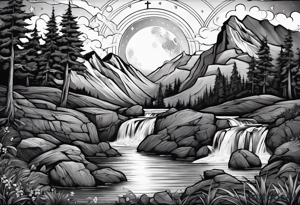 a family of three sitting in a nature with mountains, waterfall, water, and a cross in the background and and moon in the sky with stars tattoo idea