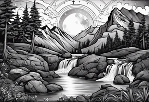 a family of three sitting in a nature with mountains, waterfall, water, and a cross in the background and and moon in the sky with stars tattoo idea