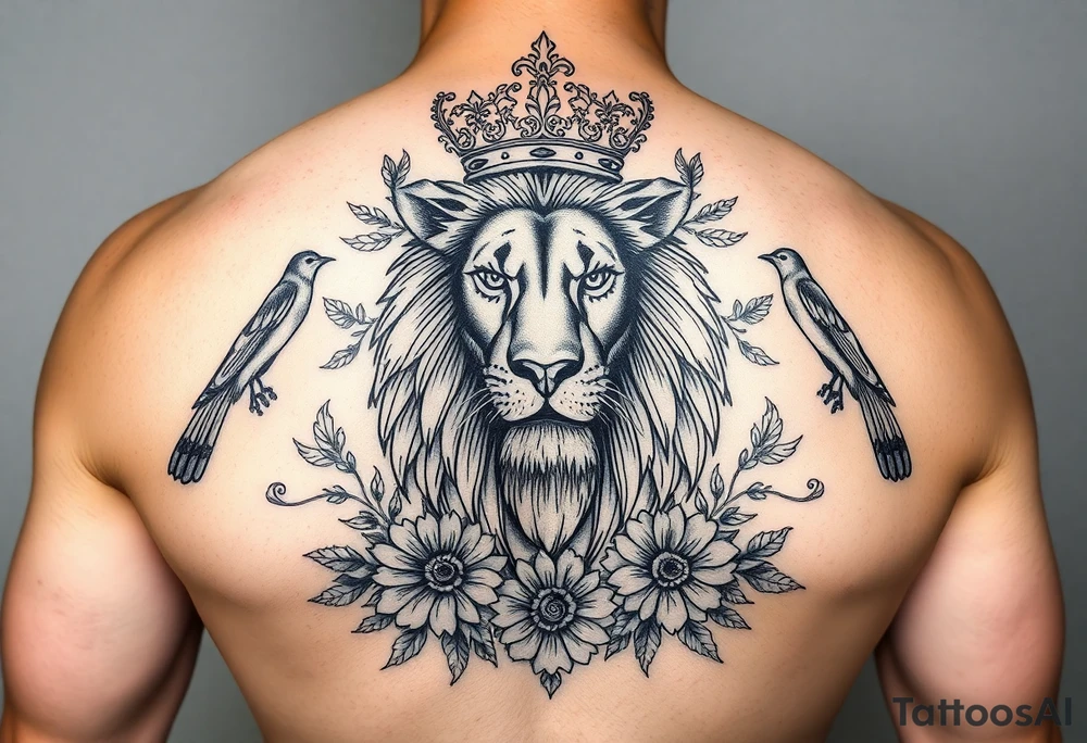 powerful majestic lion with a crown, surrounded by floral ornaments and birds tattoo idea