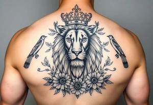 powerful majestic lion with a crown, surrounded by floral ornaments and birds tattoo idea