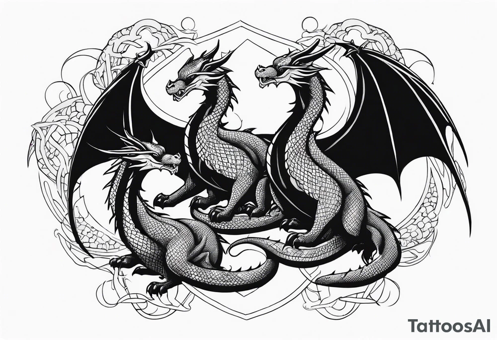 Mother dragon wings spread protecting 3 sleeping young dragons tattoo idea