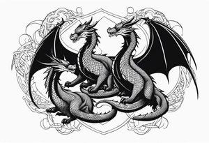 Mother dragon wings spread protecting 3 sleeping young dragons tattoo idea