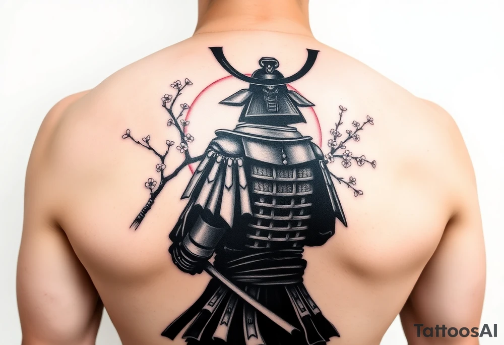 noble samurai warrior silhouette at sunset with cherry blossoms tattoo idea