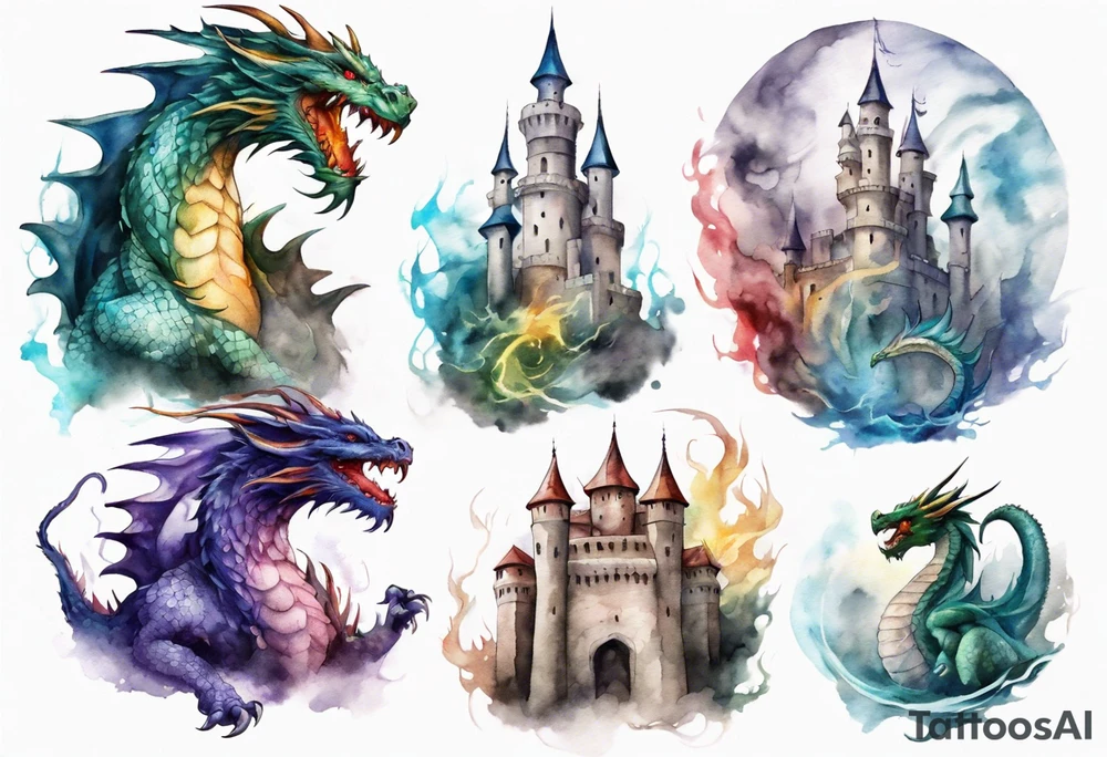 realistic mystic dragons protecting a castle tattoo idea