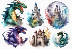 realistic mystic dragons protecting a castle tattoo idea