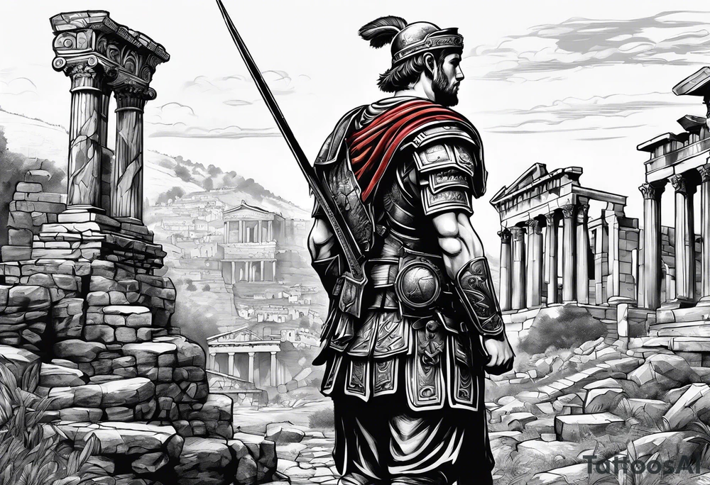 Roman Solider looking at ruins tattoo idea