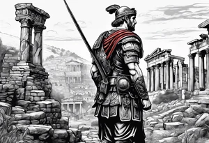 Roman Solider looking at ruins tattoo idea