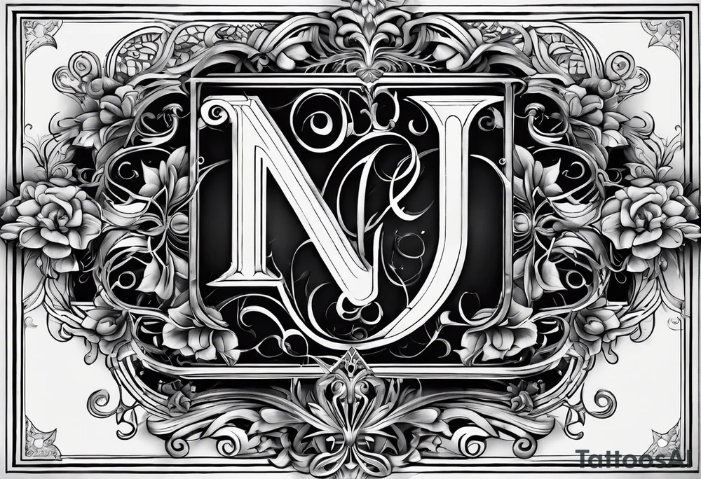 The initials N.A.J.E. in edwardian script surrounded by symmetrical smoke and intricate design tattoo idea