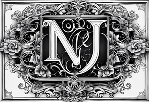 The initials N.A.J.E. in edwardian script surrounded by symmetrical smoke and intricate design tattoo idea