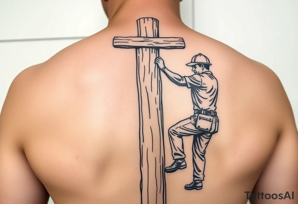 power lineman climbing a wooden 12kv pole. Make the pole a cross that has a hidden resemblance to god. Make the lineman Mexican tattoo idea
