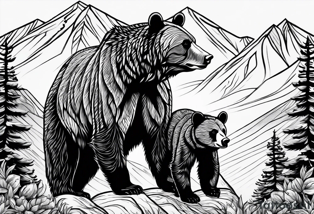 mamma bear and cub with mountains tattoo idea