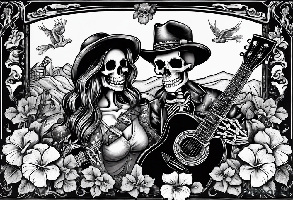 a bar scene with Western female and male skeletons. The female skeleton has hibiscus flowers for eyes, and the male skeleton plays the guitar. tattoo idea