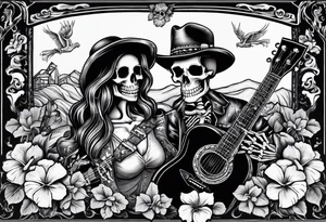 a bar scene with Western female and male skeletons. The female skeleton has hibiscus flowers for eyes, and the male skeleton plays the guitar. tattoo idea