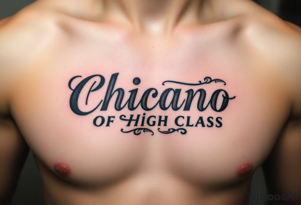 Chicano style lettering of high class with fancy flourish around it tattoo idea