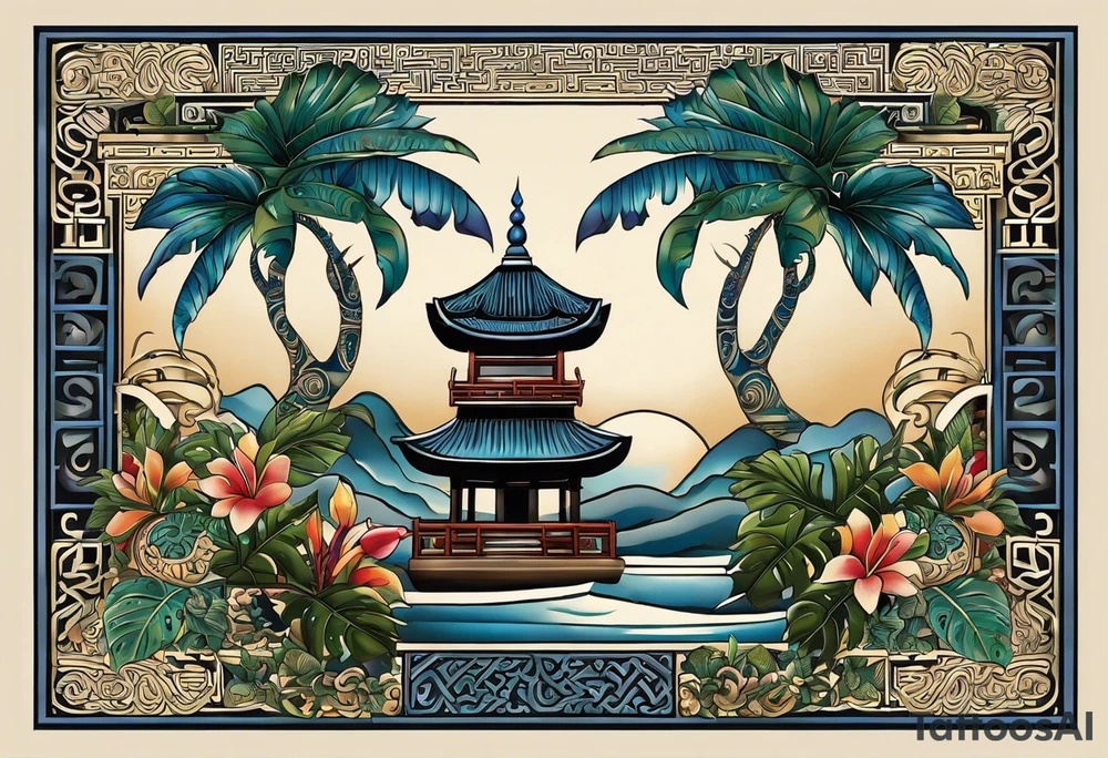 Ein blaues Tattoo über den ganzen Rücken aus orientalischen Fliesen, einem Bonsai, einem Monstera Ableger, Zitronen und Maori Stilelemente. Vertikal über der Wirbelsäule solte Perspektive mit teilweise verdrehten Buchstaben stehen. Abschließend an der hüfte entlang einen runden po zaubern. tattoo idea