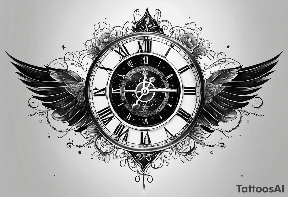 Time fading away surrounded by dark mist and galaxies tattoo idea