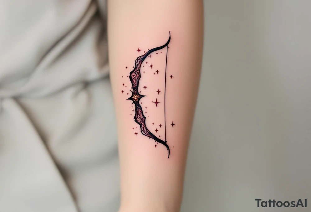 A stylized archer’s bow in burnt sienna and deep burgundy, with Sagittarius stars constellation lightly twinkling along the curve. tattoo idea