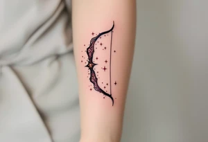 A stylized archer’s bow in burnt sienna and deep burgundy, with Sagittarius stars constellation lightly twinkling along the curve. tattoo idea