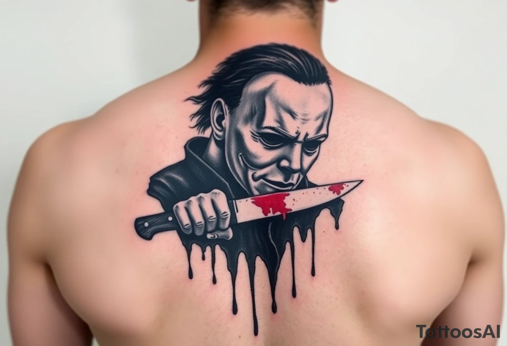 Scary Micheal Myers with a bloody knife stabbing tattoo idea
