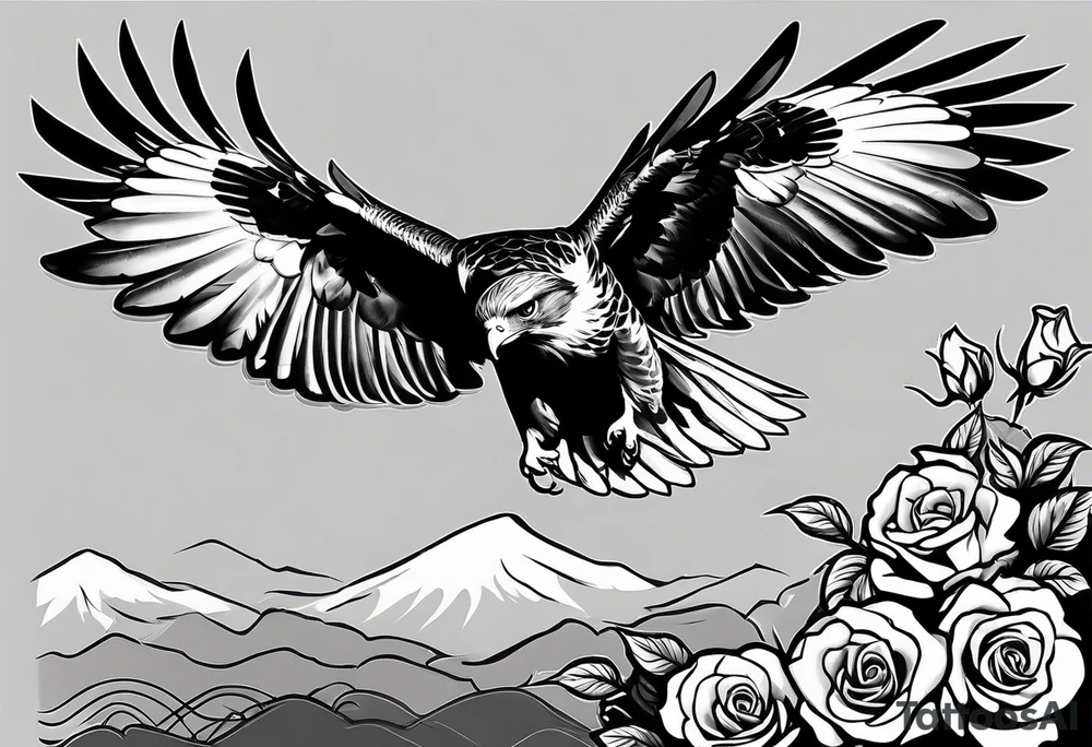 Hawk landing down from the side with rose in mouth tattoo idea