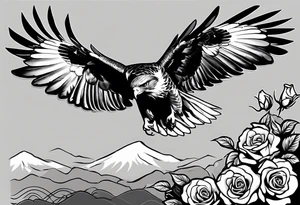 Hawk landing down from the side with rose in mouth tattoo idea