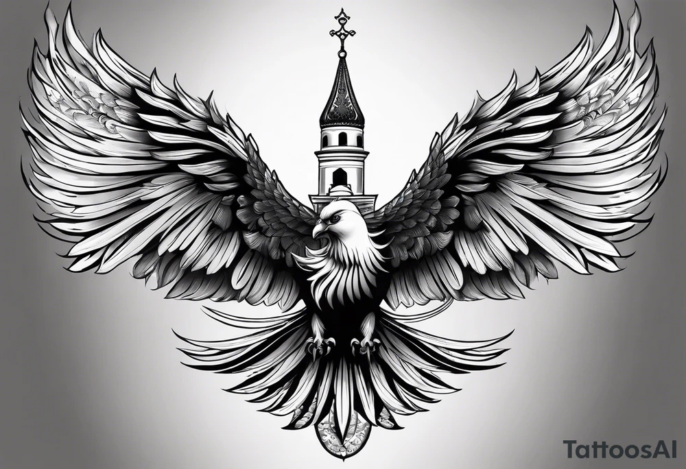 russian firebird in-flight with long fancy tail and 3 small onion cap monastery towers in background, with "Isaiah 43: 18-19" tattoo idea
