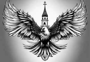 russian firebird in-flight with long fancy tail and 3 small onion cap monastery towers in background, with "Isaiah 43: 18-19" tattoo idea