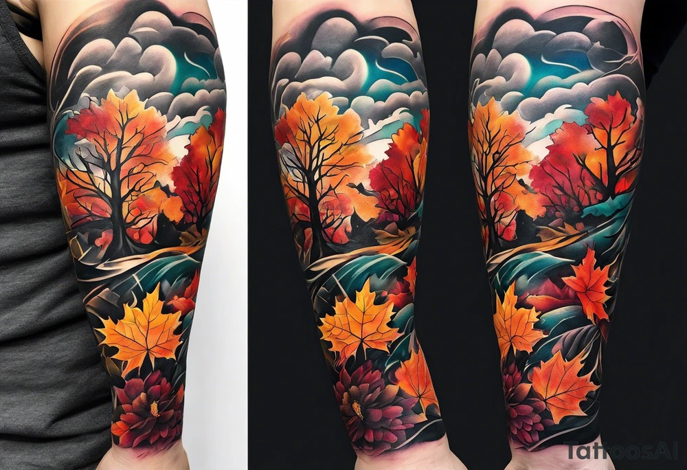 Arm Sleeve Tattoo with fall colors,  flattened tattoo idea