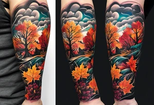 Arm Sleeve Tattoo with fall colors,  flattened tattoo idea