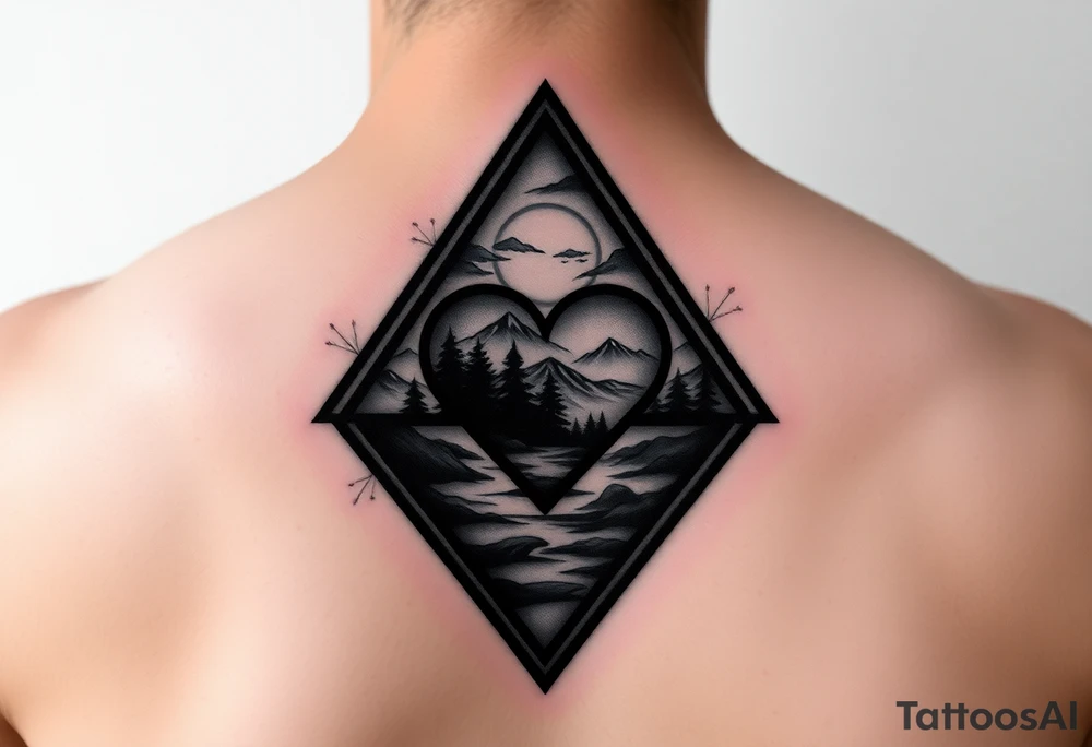 A triangle with a heart over the middle of the center and nature scene in background tattoo idea