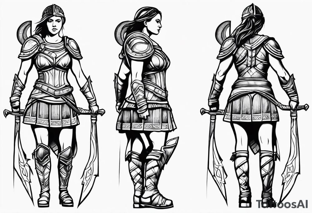 Female gladiator full body cool pose tattoo idea