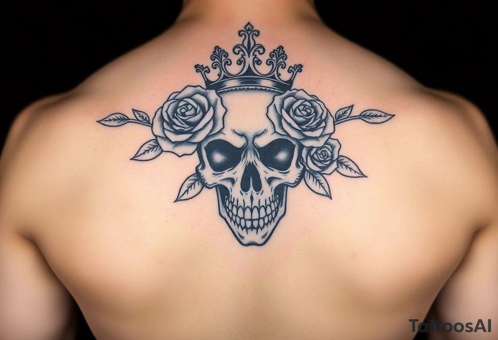 Bold vibrant gothic skull with a couple roses and crown with glow tattoo idea