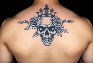 Bold vibrant gothic skull with a couple roses and crown with glow tattoo idea