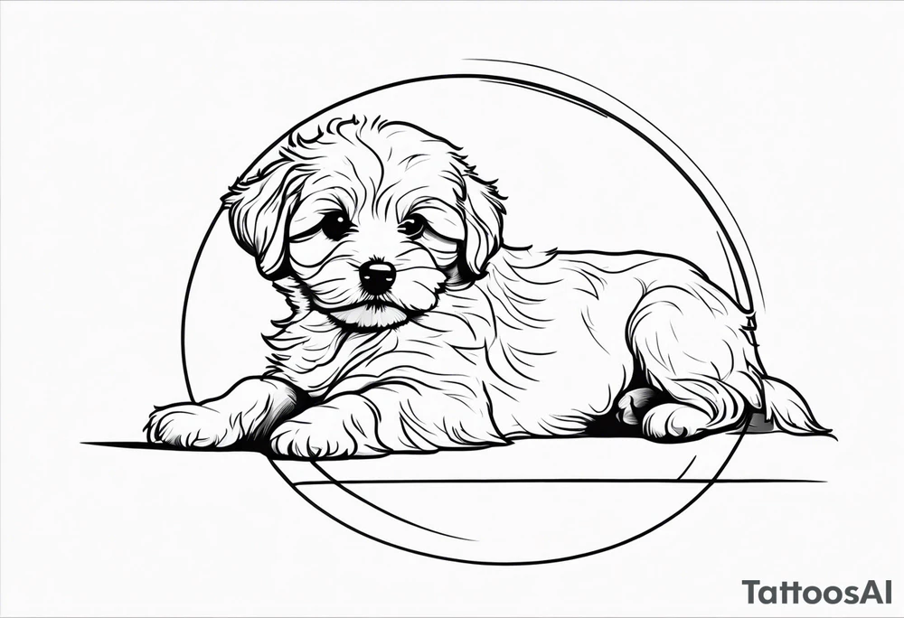 One line drawing of maltipoo laying down in a circle with his nose touching the floor tattoo idea