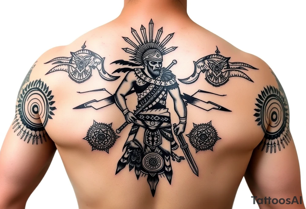 Purepecha warrior surrounded by purepecha symbols on forearm tattoo idea