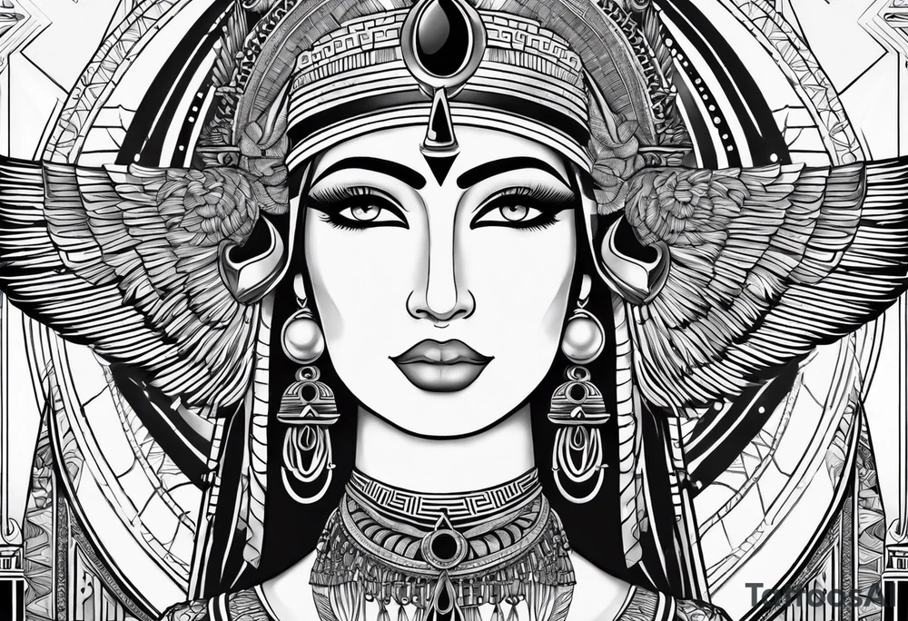 black and white goddess isis tattoo with minimal detail neotraditional tattoo idea