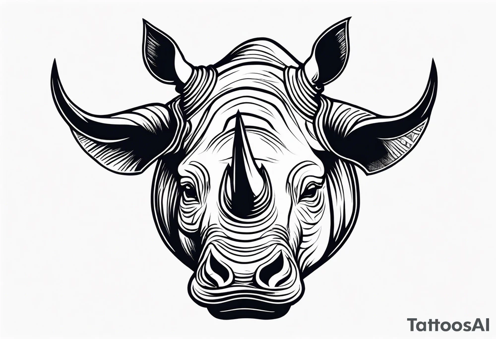 A front-facing rhino head with a sharp elongated tusk that is angry and fierce. Ears pointed straight up and forward a bit. Eyes that pierce your soul. A snarling jowel tattoo idea