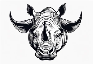A front-facing rhino head with a sharp elongated tusk that is angry and fierce. Ears pointed straight up and forward a bit. Eyes that pierce your soul. A snarling jowel tattoo idea