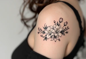 flower arrangement with spider lilies, tulip, cherry blossom tattoo idea