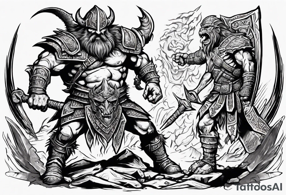 dwarven warrior with a war axe fighting against a dragon in the pit of hell with an aztec warrior tattoo idea