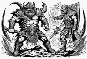 dwarven warrior with a war axe fighting against a dragon in the pit of hell with an aztec warrior tattoo idea