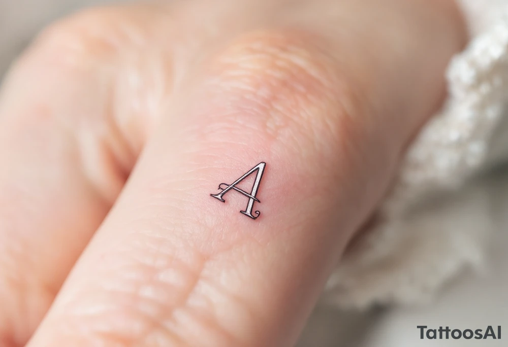 A minimalist outline "A" in soft gray with a blush pink inner fill on a finger. tattoo idea