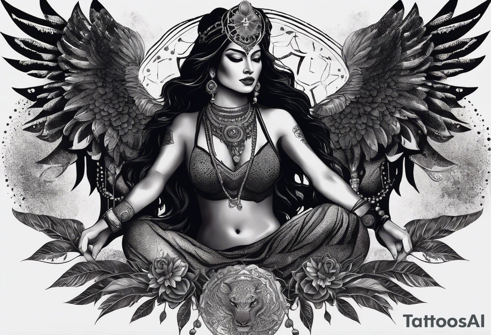 black kali, goddess pirate, alien, angel, pachamama, valkrye, warrior, flying, skull, lotus azul, wing, eagle, zenza resonance, stars, 5D, anahata chakra, death, durga, riding on a tiger, flying lady, kundalini, chest tatoo, samuri, rebel,s erpent tattoo idea